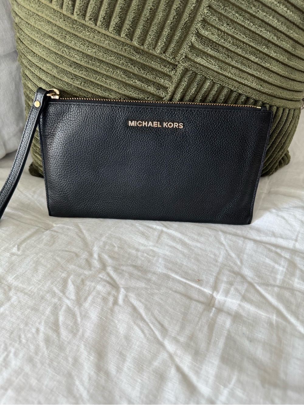 Michael Kors Black Leather Zip Wristlet with Gold Hardware